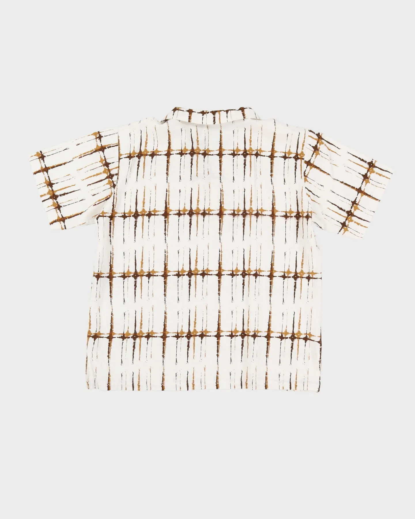80s White / Brown Patterned Button Up Short-Sleeve Shirt - L