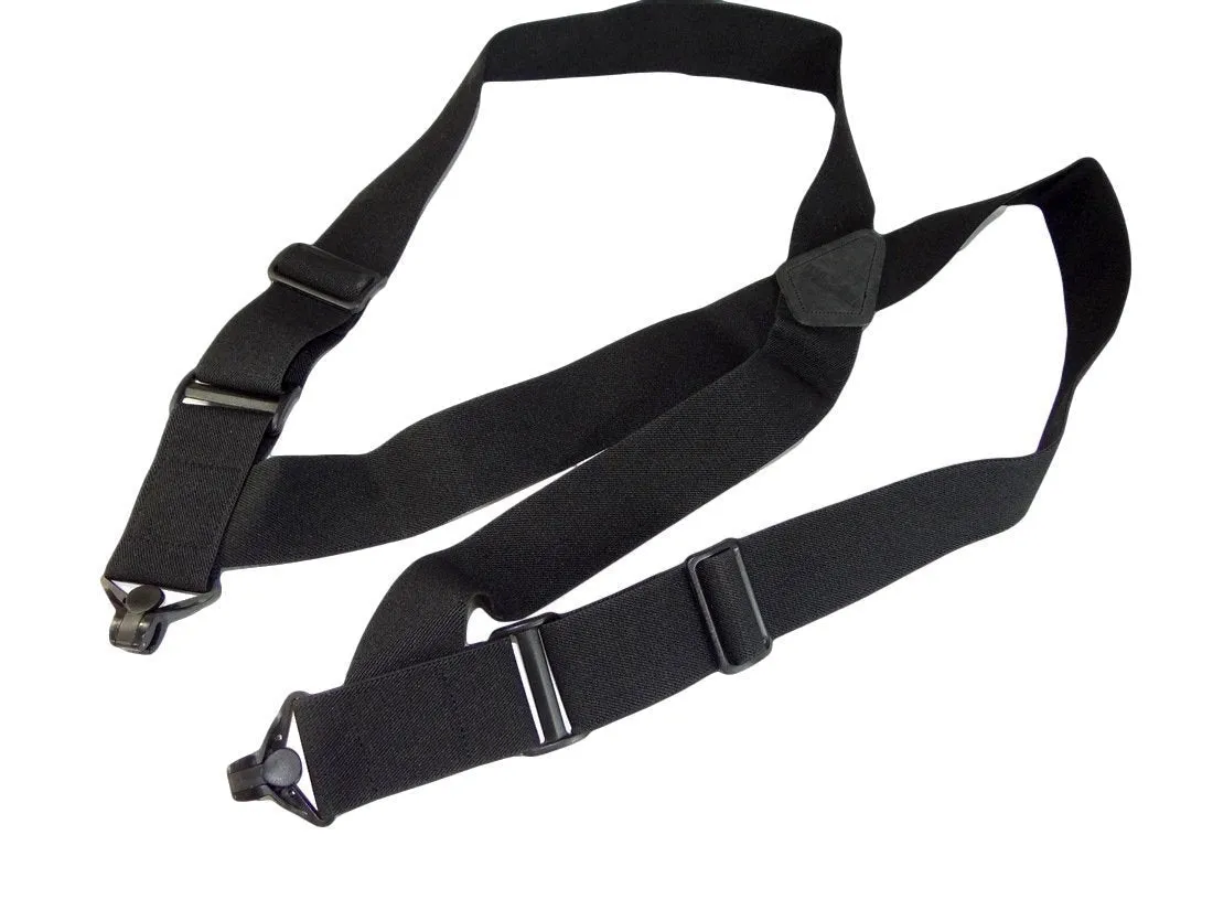 Airport Friendly Holdup Brand No-buzz Black 2" wide Hip Clip Suspenders with patented Jumbo Composite Plastic Gripper Clasps