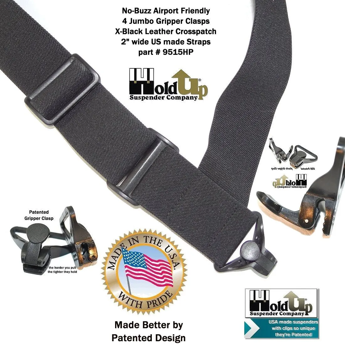 Airport Friendly Holdup Brand No-buzz Black 2" wide Hip Clip Suspenders with patented Jumbo Composite Plastic Gripper Clasps