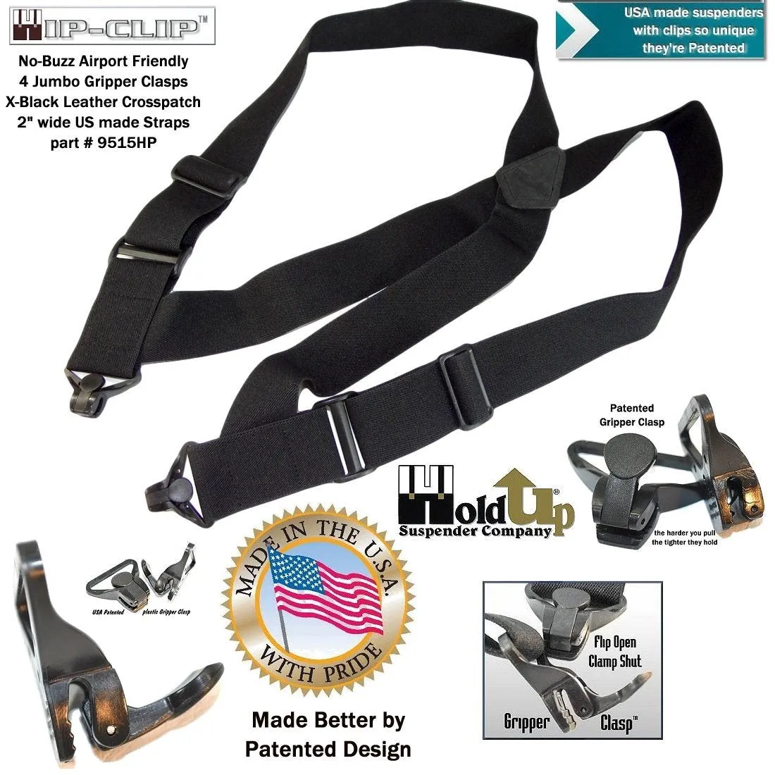 Airport Friendly Holdup Brand No-buzz Black 2" wide Hip Clip Suspenders with patented Jumbo Composite Plastic Gripper Clasps