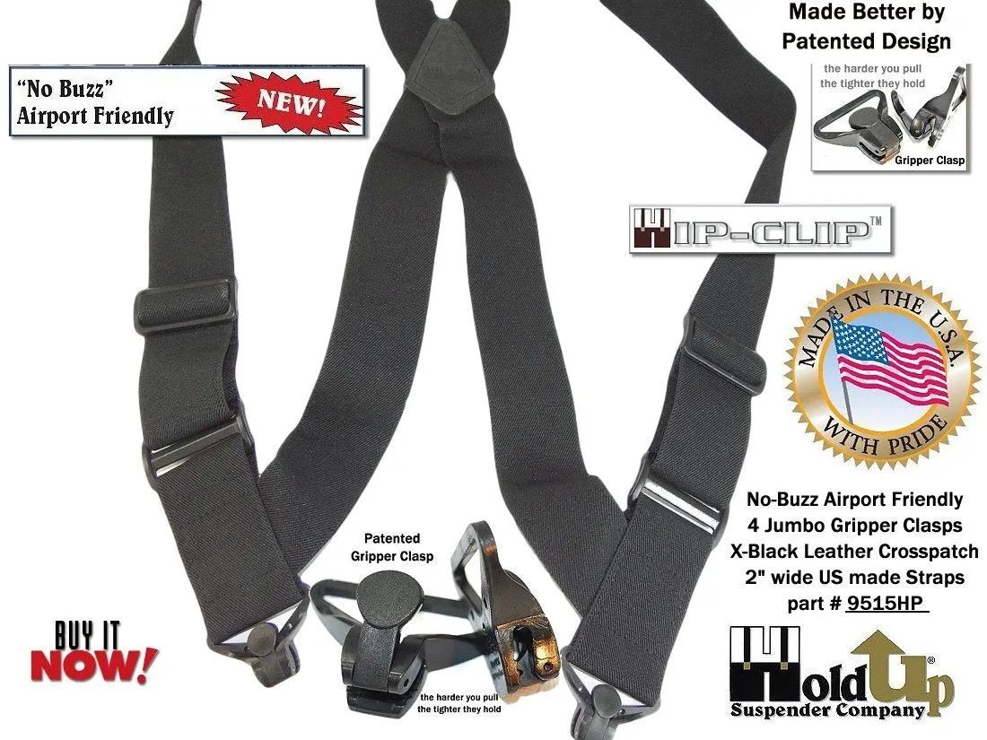 Airport Friendly Holdup Brand No-buzz Black 2" wide Hip Clip Suspenders with patented Jumbo Composite Plastic Gripper Clasps