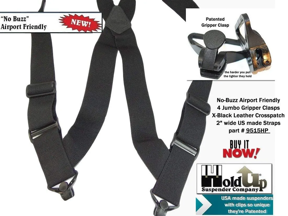 Airport Friendly Holdup Brand No-buzz Black 2" wide Hip Clip Suspenders with patented Jumbo Composite Plastic Gripper Clasps