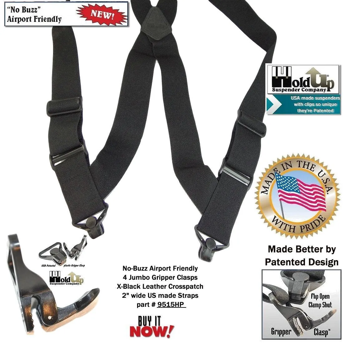Airport Friendly Holdup Brand No-buzz Black 2" wide Hip Clip Suspenders with patented Jumbo Composite Plastic Gripper Clasps