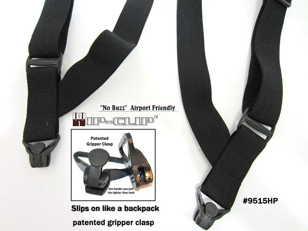 Airport Friendly Holdup Brand No-buzz Black 2" wide Hip Clip Suspenders with patented Jumbo Composite Plastic Gripper Clasps