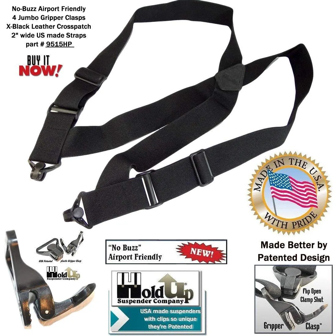 Airport Friendly Holdup Brand No-buzz Black 2" wide Hip Clip Suspenders with patented Jumbo Composite Plastic Gripper Clasps