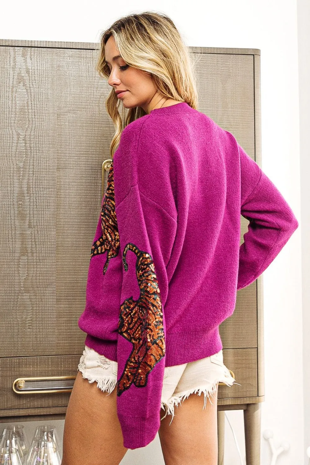 Blue Zone Planet |  BiBi Sequin Tiger Embroidery Sweater