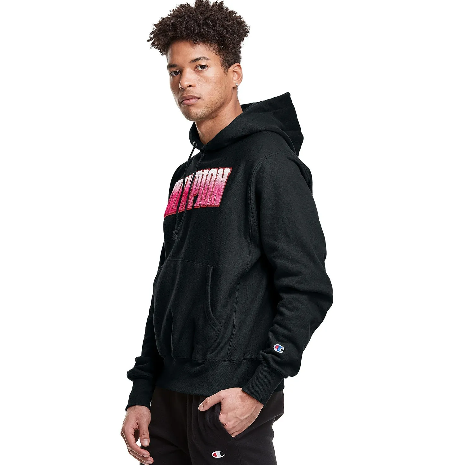 Champion Chenille Men's Reverse Weave Ombre Block Logo Pullover Hoodie Black