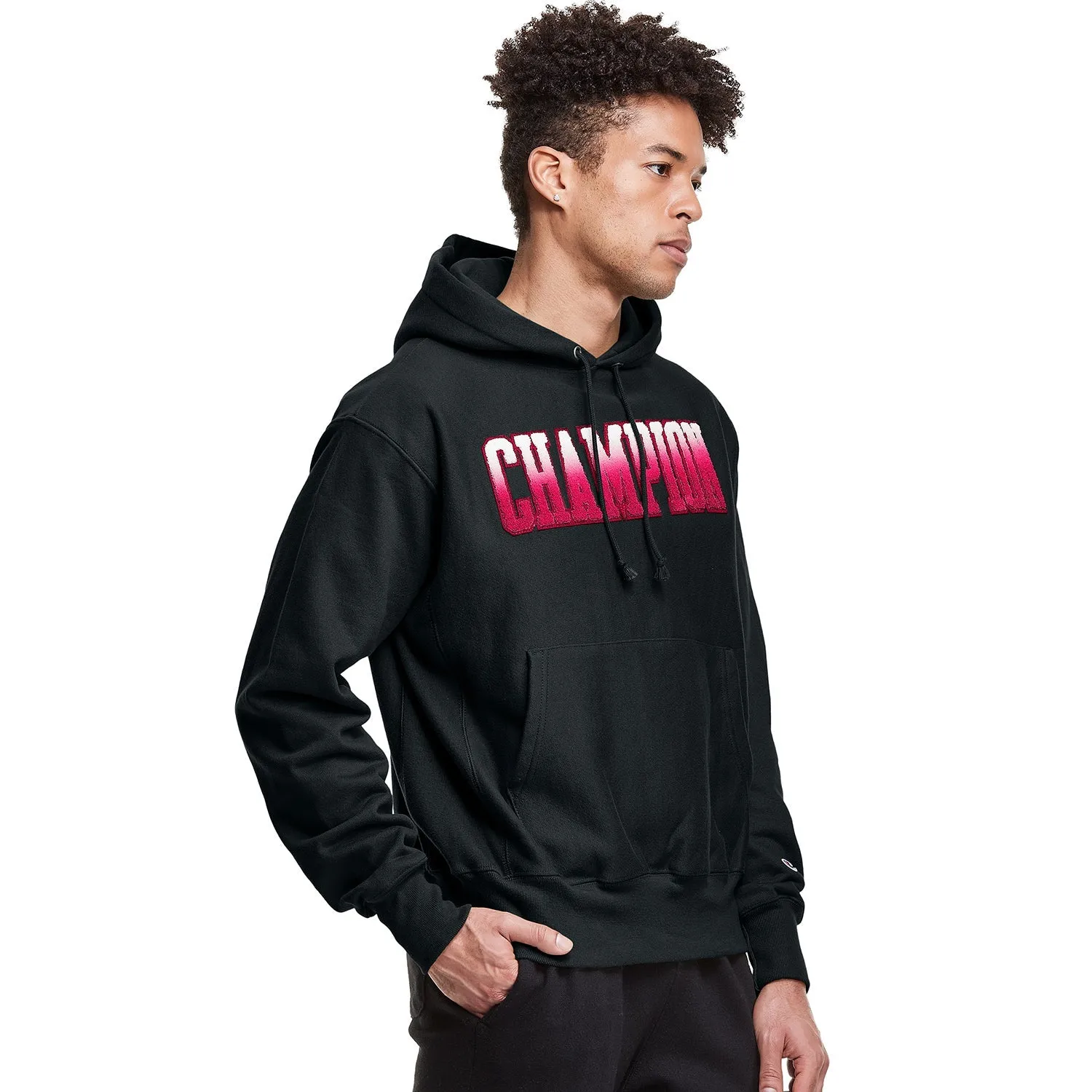 Champion Chenille Men's Reverse Weave Ombre Block Logo Pullover Hoodie Black