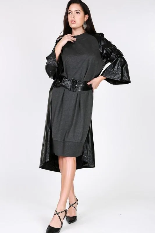 Chel's Knit Front Belted Faux Leather  Dress