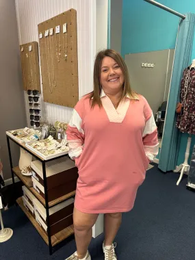 Color Block Long Sleeve V-Neck Collared Dress-Rose