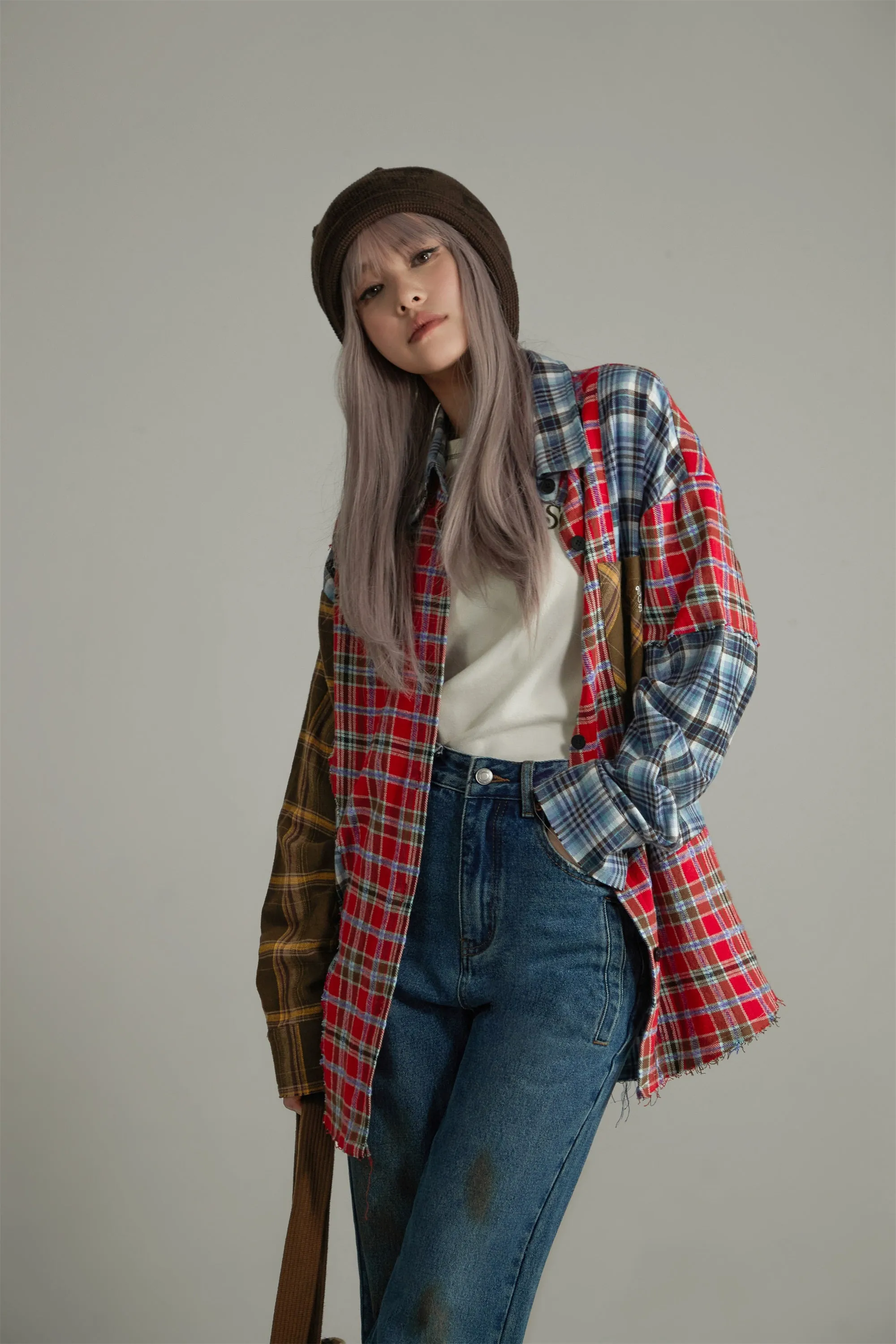 Color Matching Check Loose Fit Shirt
