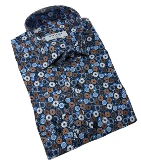 DMITRY Blue Patterned Italian Cotton Men's Long Sleeve Shirt (Online Exclusive)