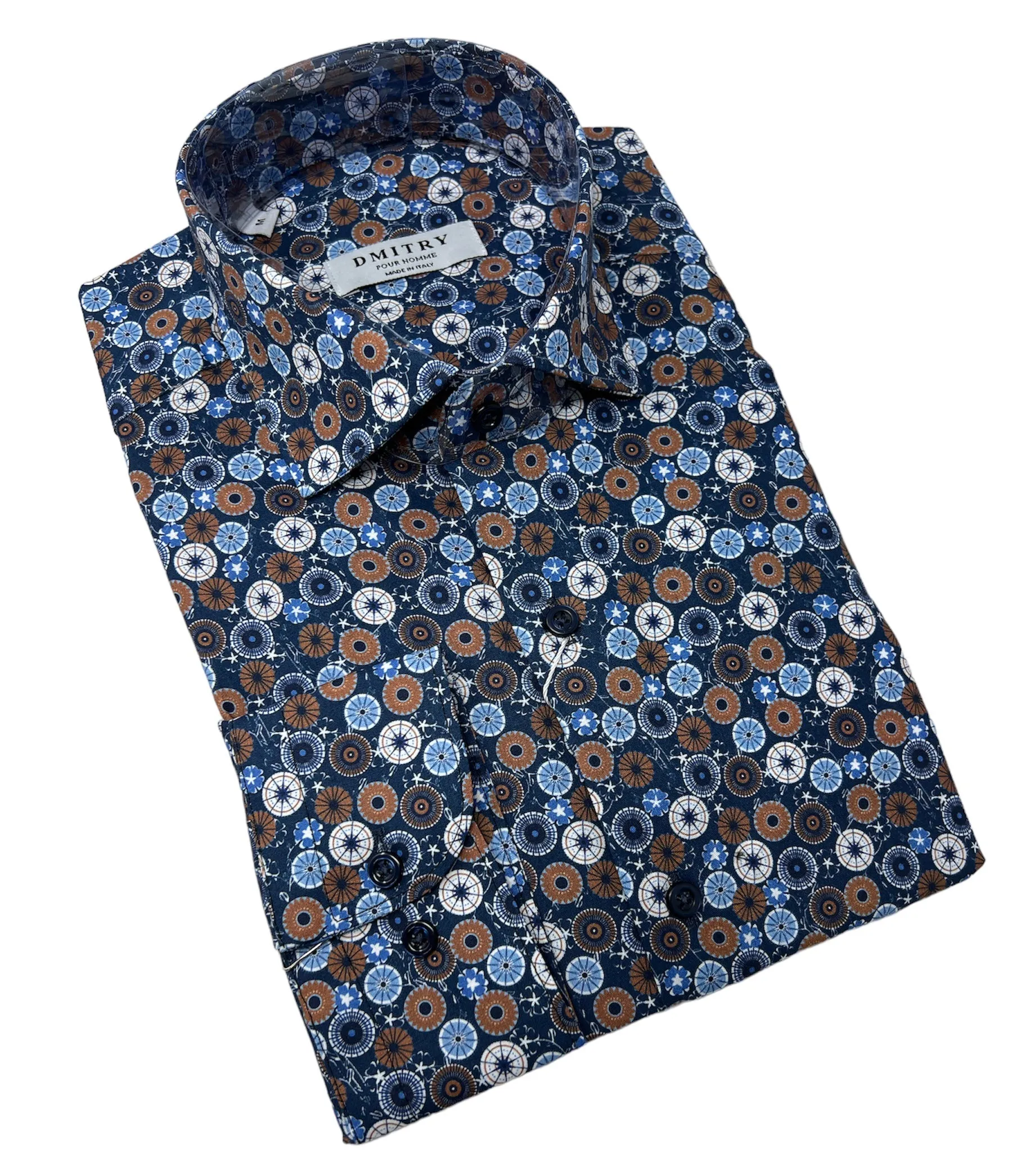 DMITRY Blue Patterned Italian Cotton Men's Long Sleeve Shirt (Online Exclusive)