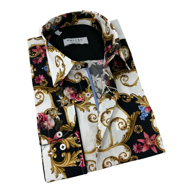 DMITRY Italian Baroque Patterned Cotton Men's Long Sleeve Shirt (Online Exclusive)