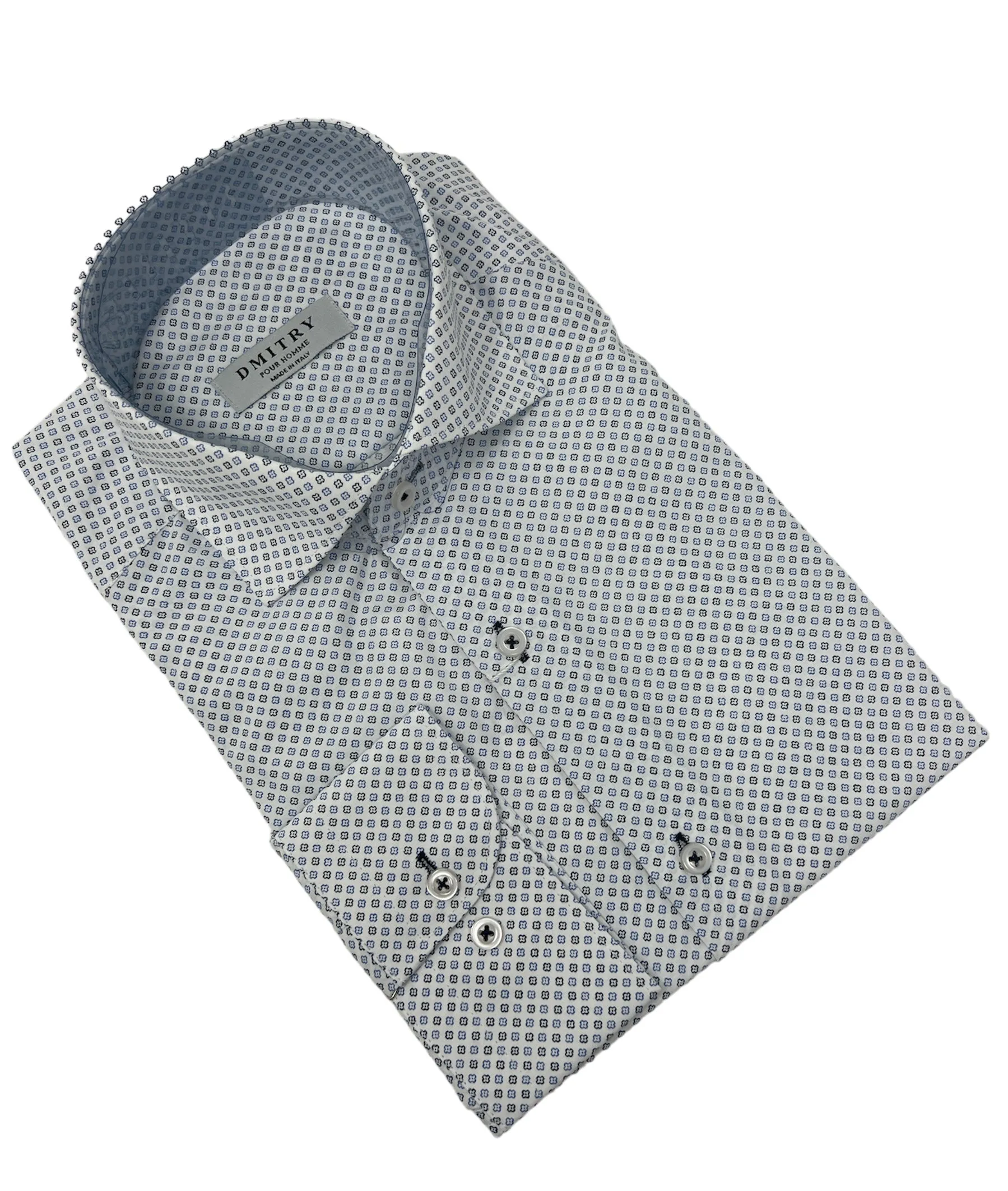 DMITRY White Patterned Italian Cotton Men's Long Sleeve Shirt (Online Exclusive)