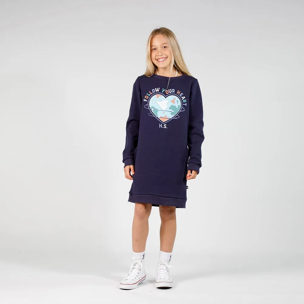 GIRLS LS BAND DRESS - Navy