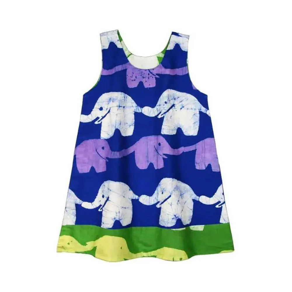 Girls Reversible Dress - Elephants in Blue/Lime