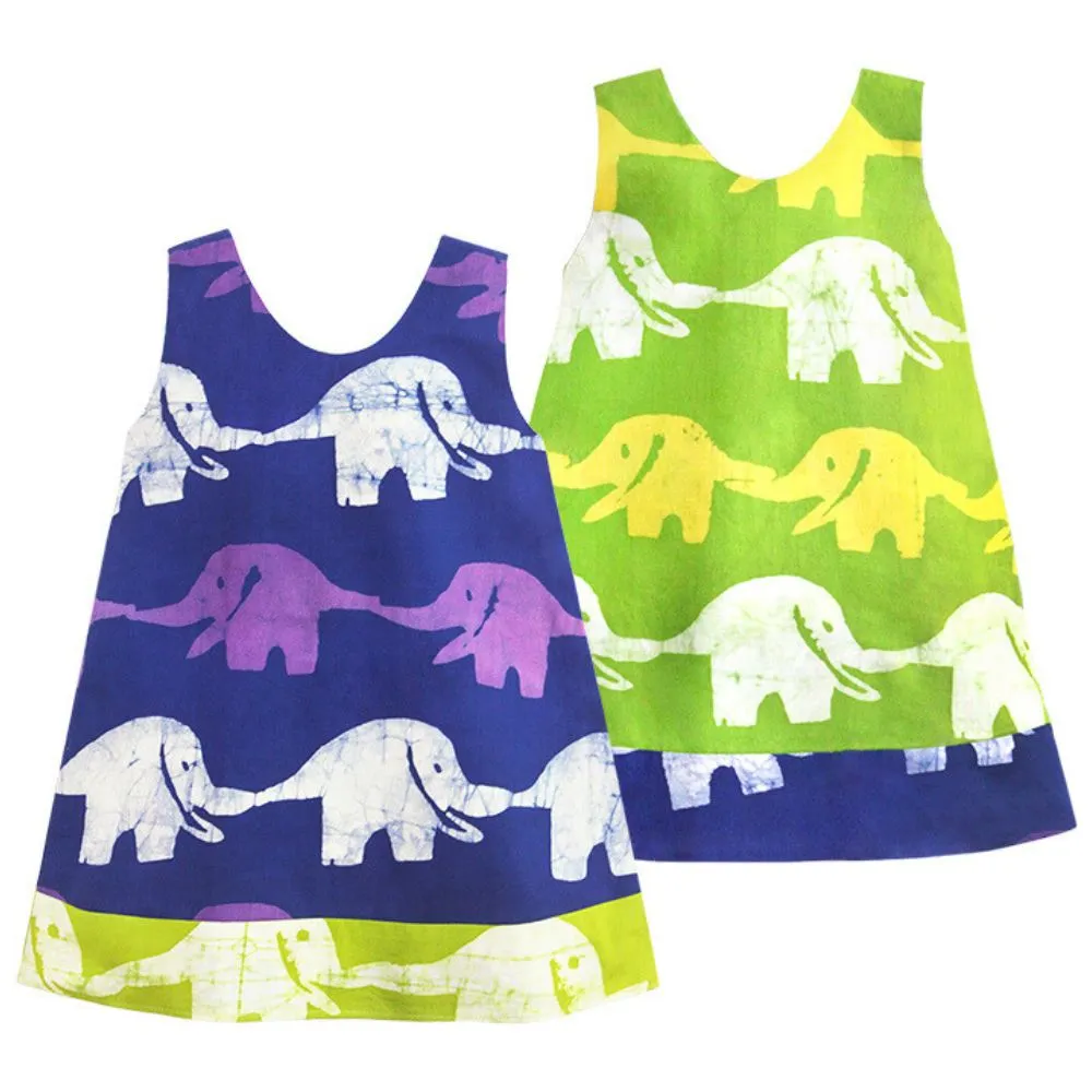Girls Reversible Dress - Elephants in Blue/Lime