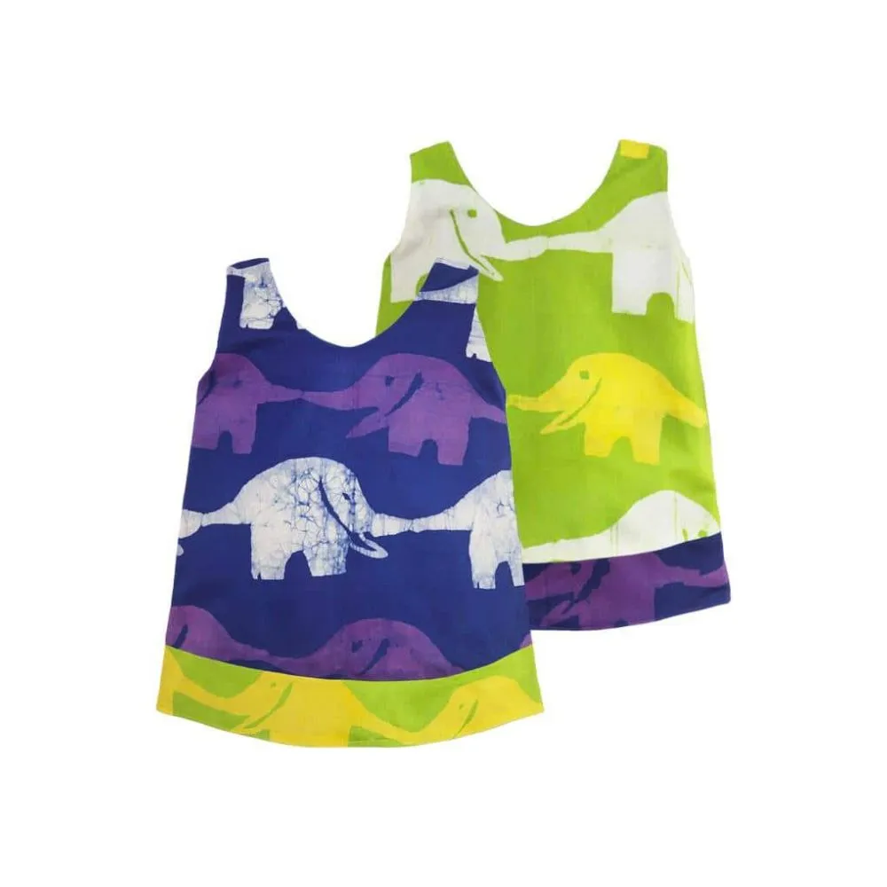 Girls Reversible Dress - Elephants in Blue/Lime