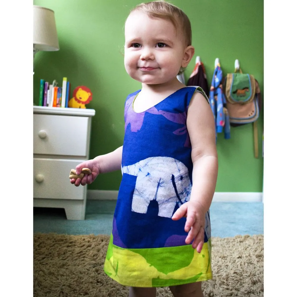 Girls Reversible Dress - Elephants in Blue/Lime