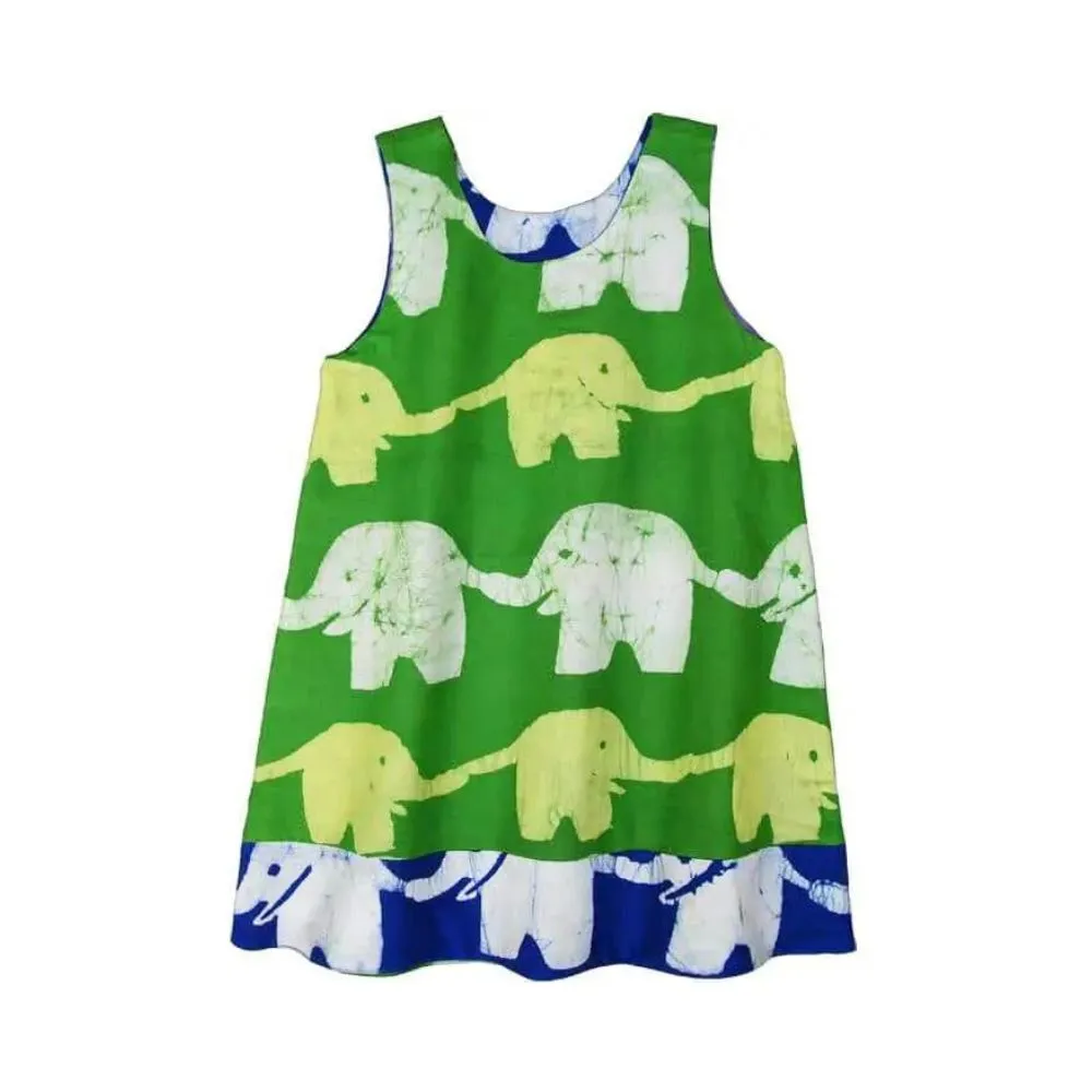 Girls Reversible Dress - Elephants in Blue/Lime