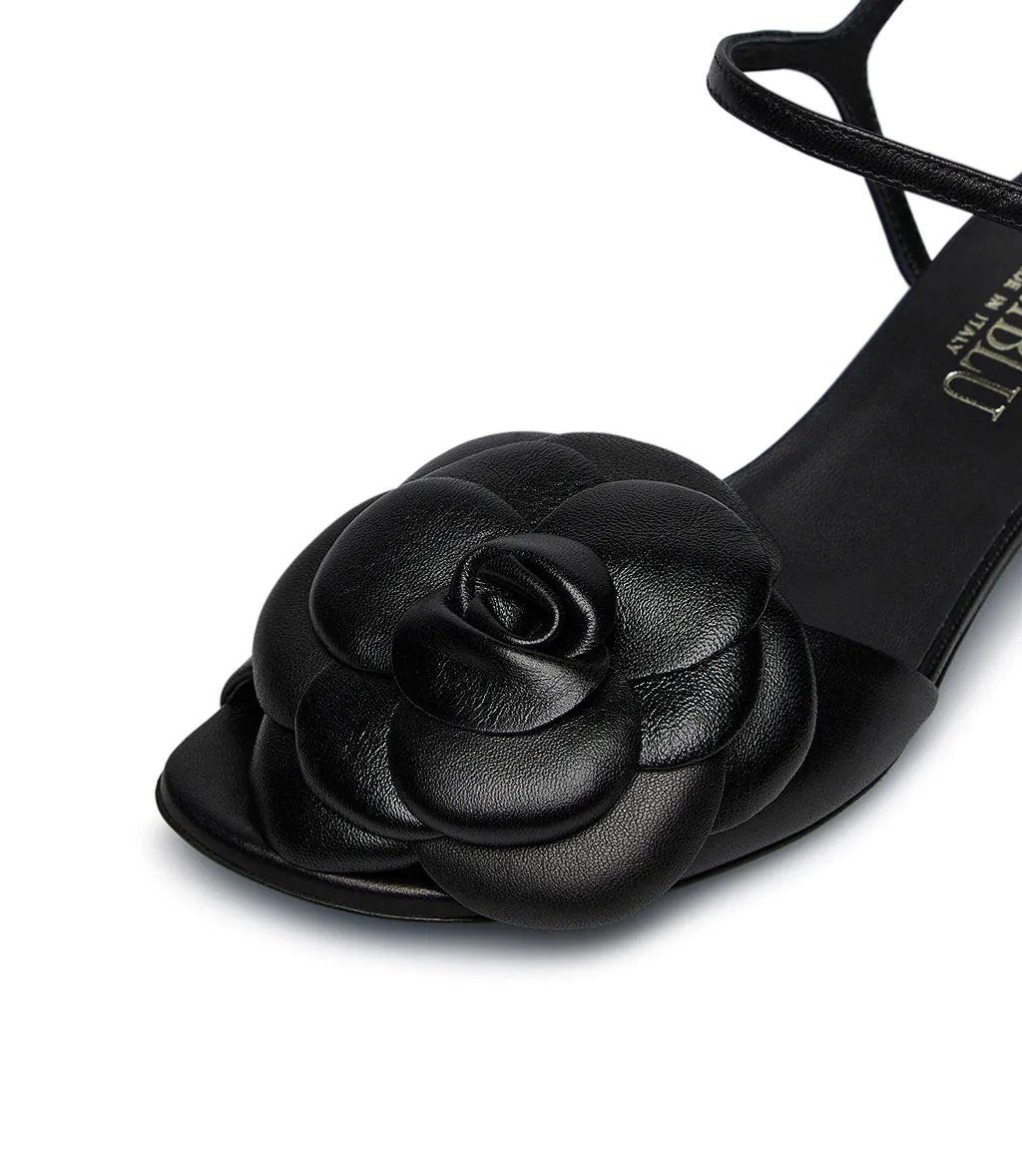Leather flower embellished black sandal