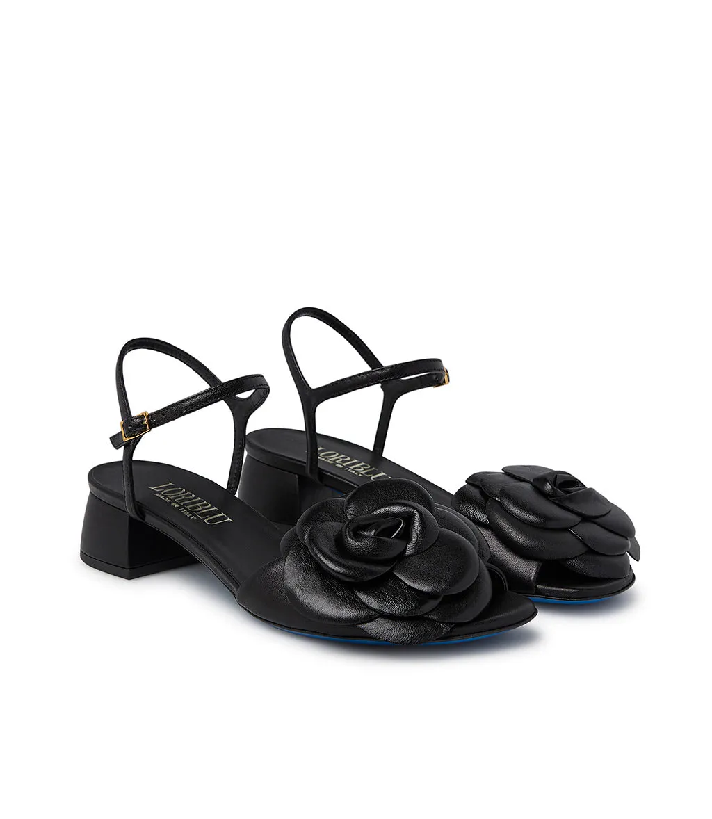 Leather flower embellished black sandal