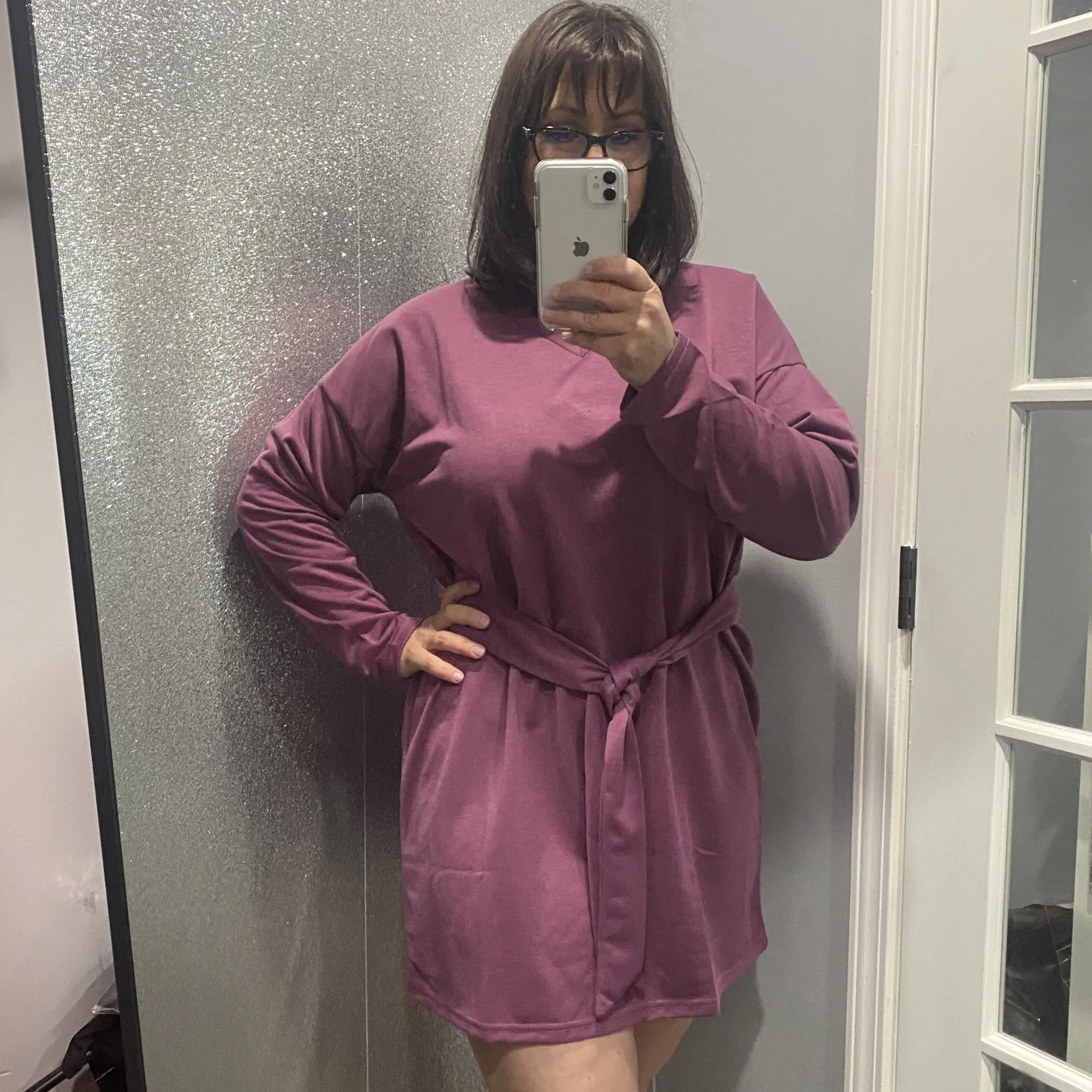 Long Sleeve Tie Front French Terry Dress - Plum