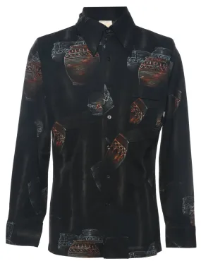 Long Sleeved Black Patterned 1970s Shirt - L