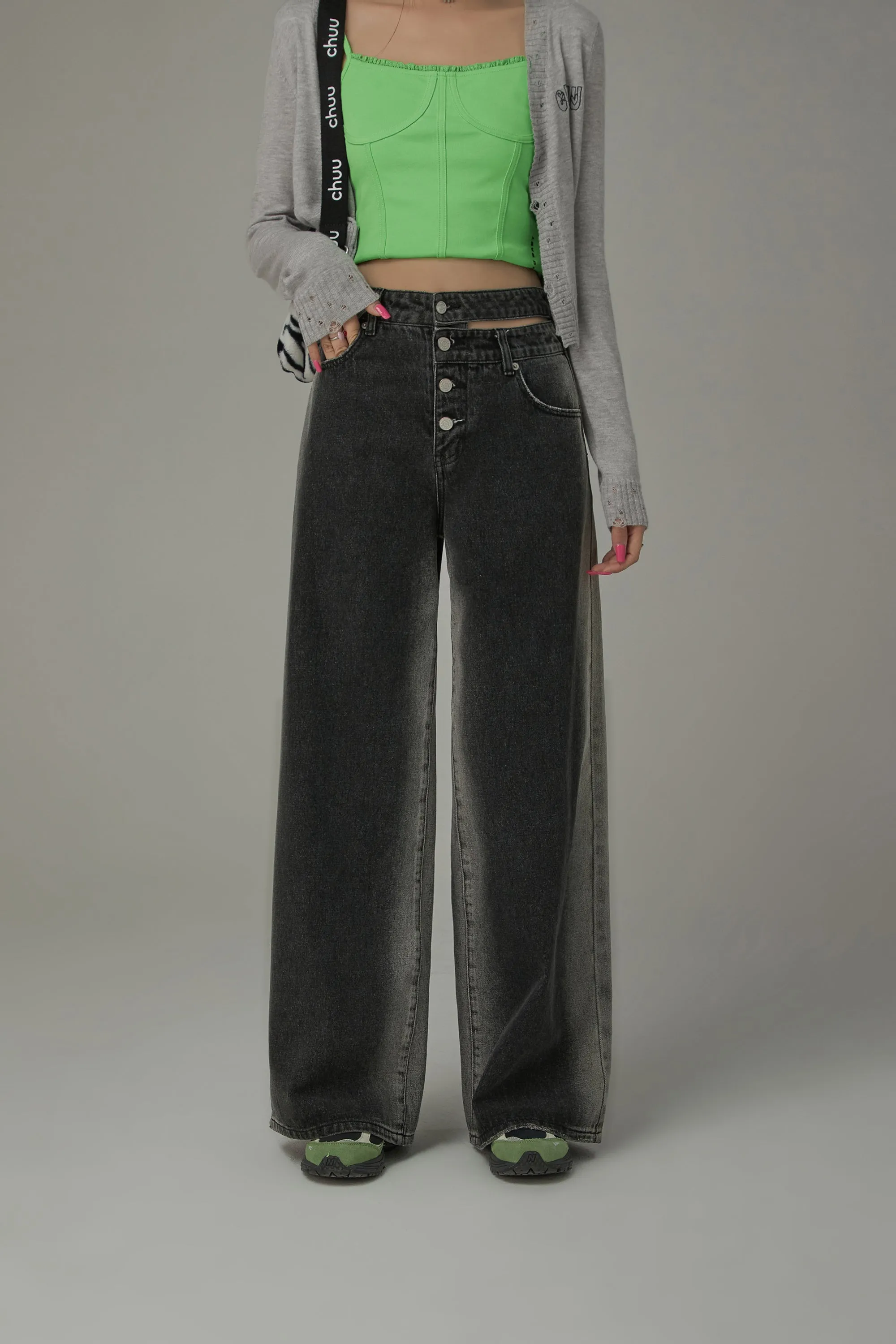 Multi-Button Waist Slit Washed Denim Jeans