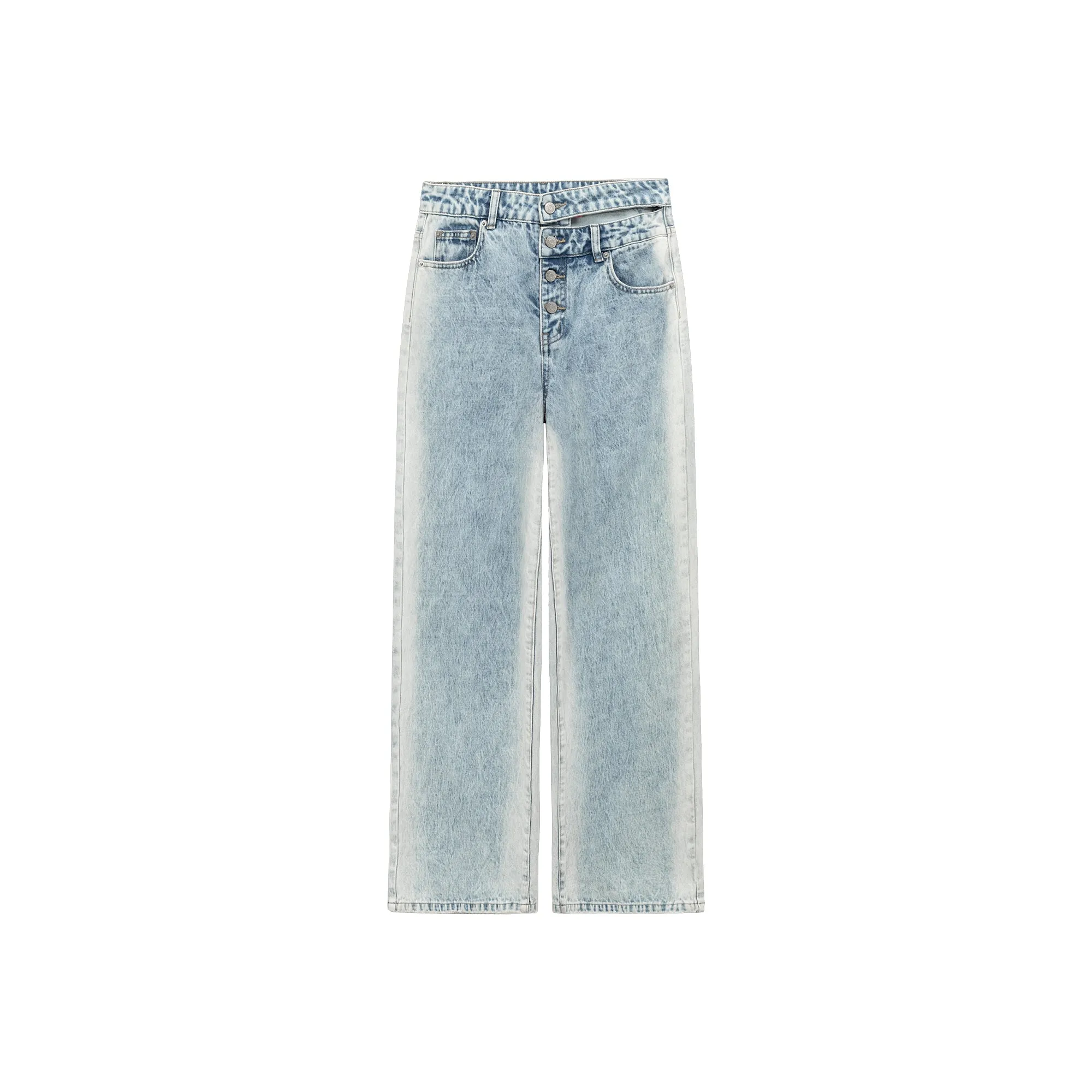 Multi-Button Waist Slit Washed Denim Jeans