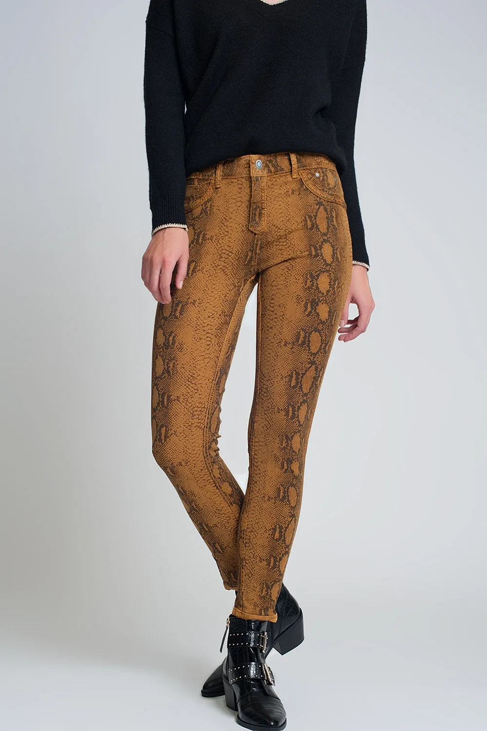 Mustard super skinny reversible pants with snake print