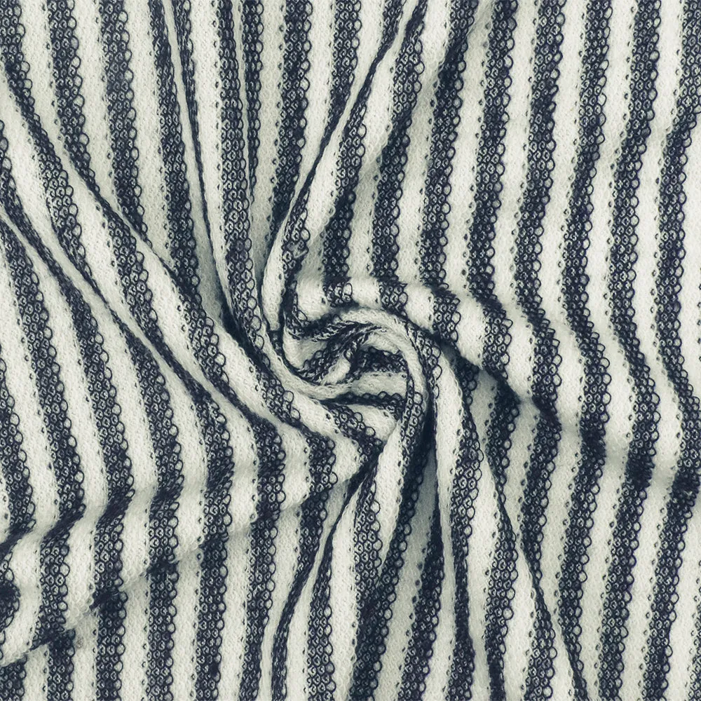 Navy Blue-White Striped Stretch French Terry Face Knit Fabric
