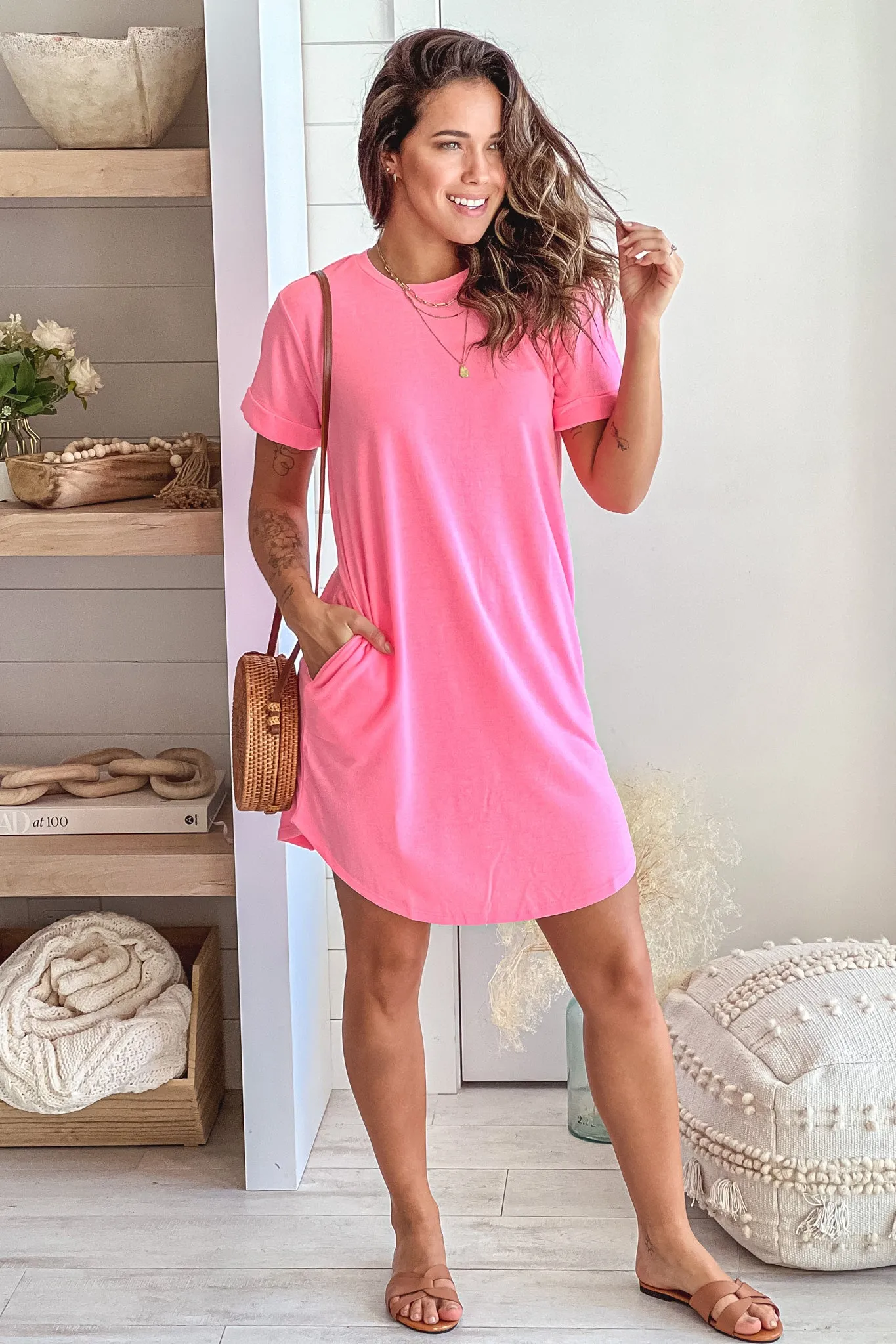 Neon Pink French Terry T-Shirt Dress With Pockets