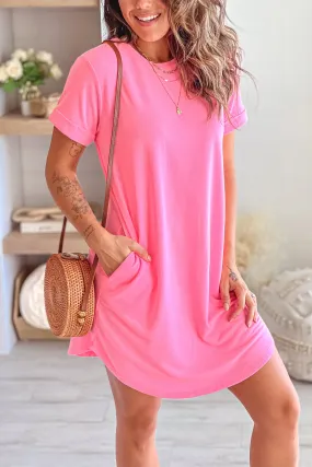 Neon Pink French Terry T-Shirt Dress With Pockets