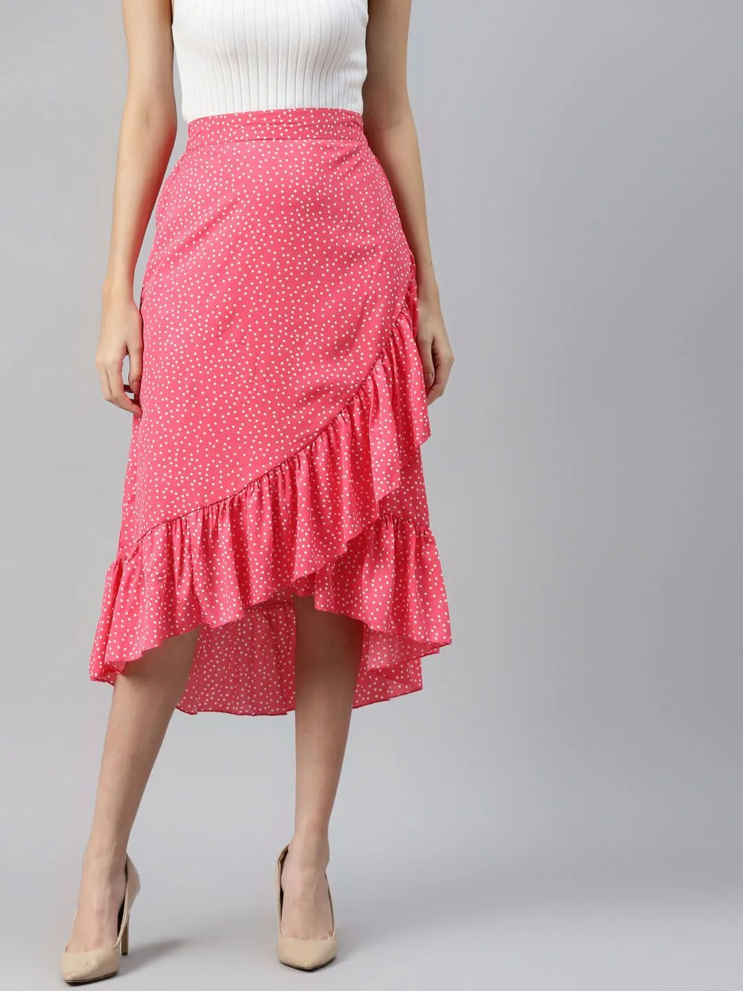 plusS Pink Printed Midi A-Line Skirt With Tulip Hem