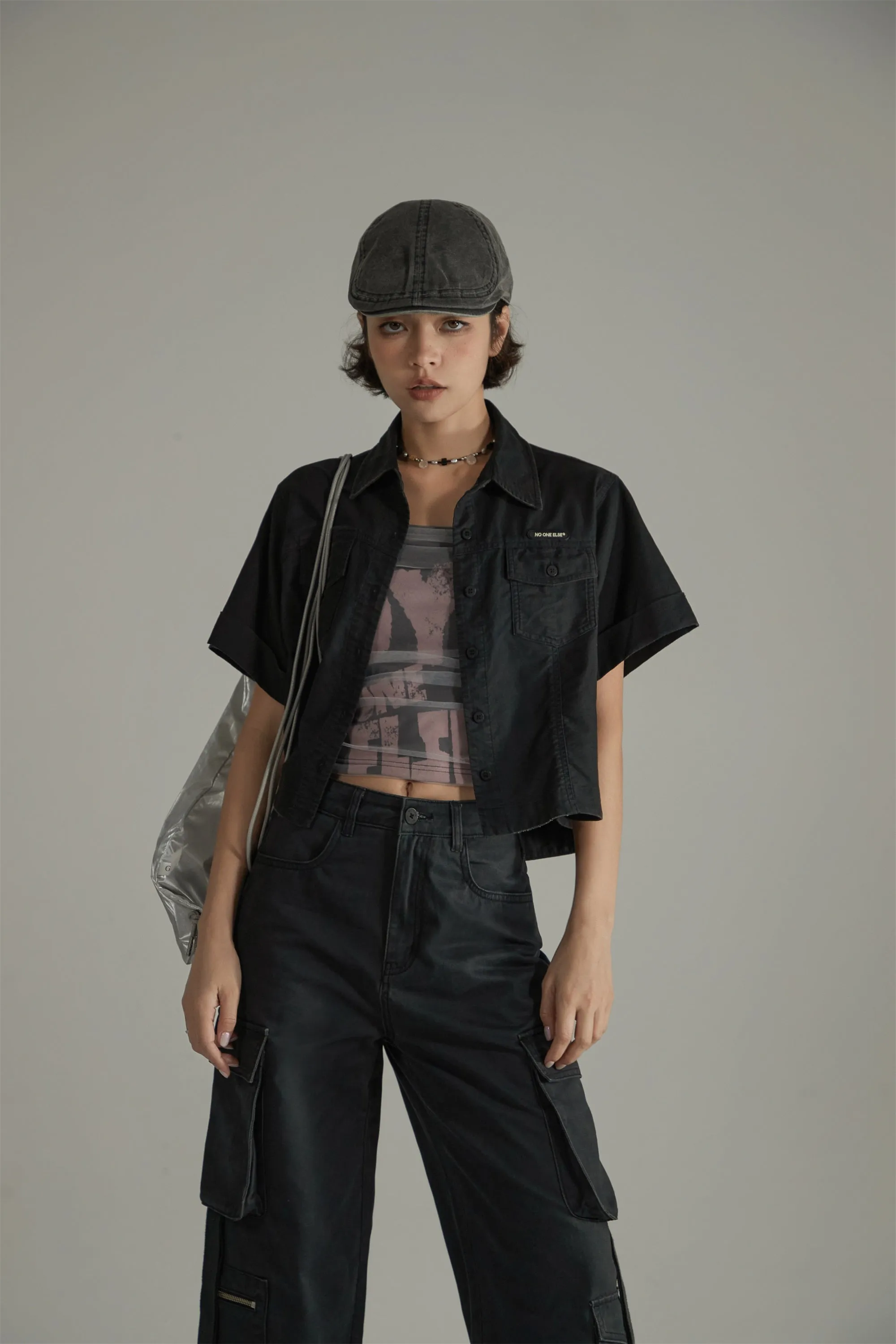 Pocket Solid Color Basic Crop Shirt