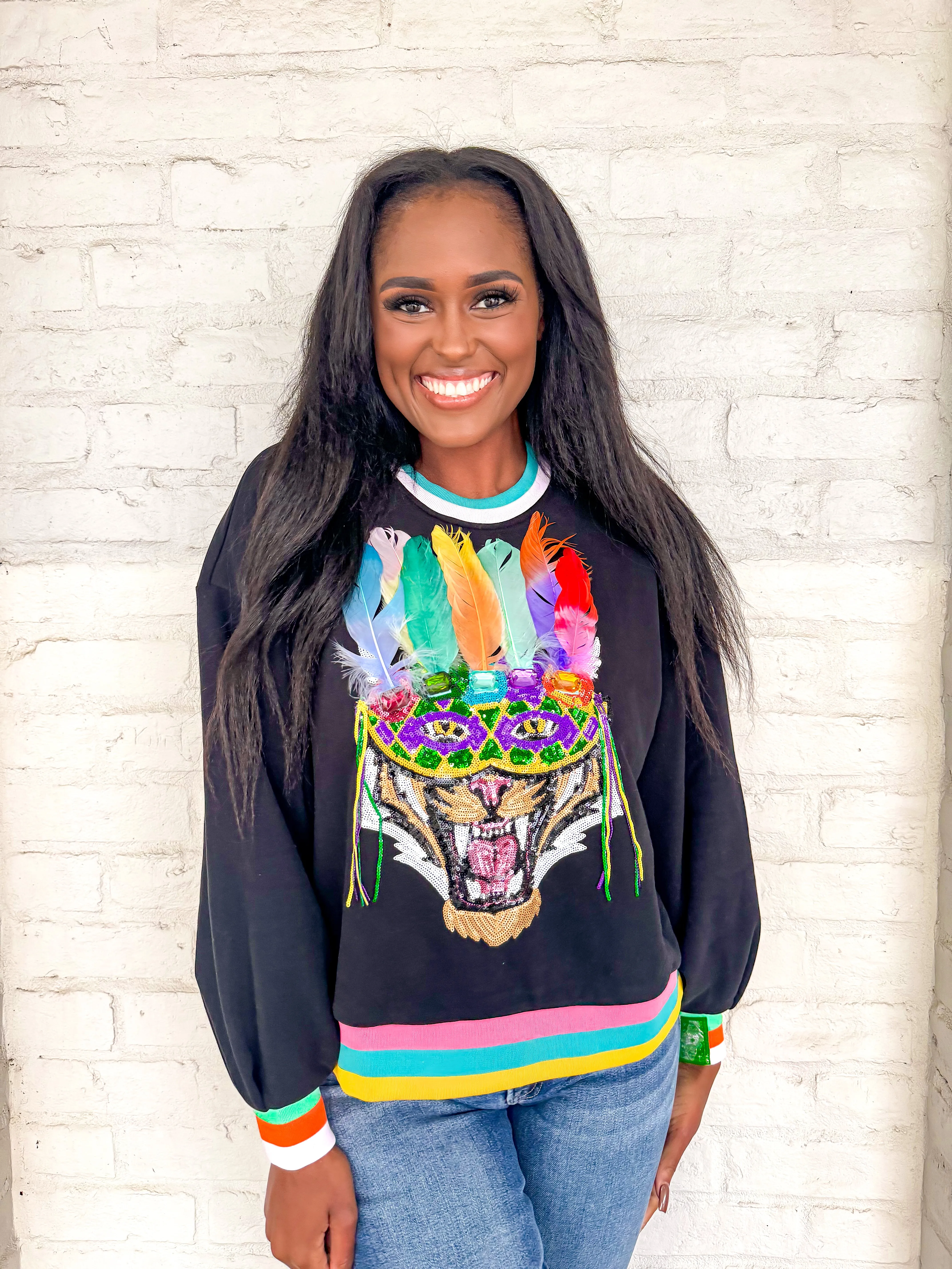 Queen Of Sparkles Black Tiger Head Mask Sweatshirt