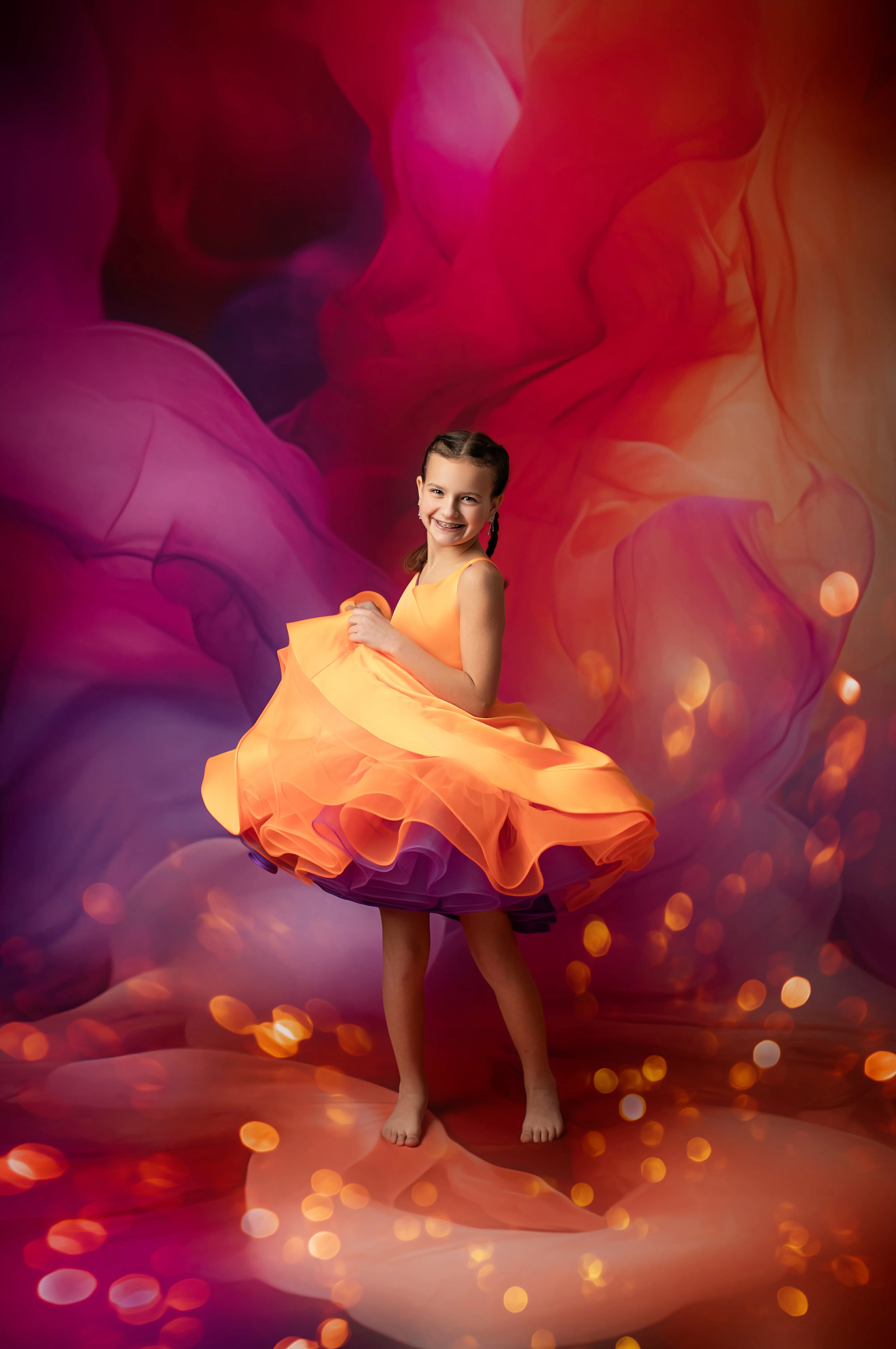 ready to ship Reversible "Taylor" PURPLE /ORANGE  Petal  Length Dress 8-9 YEAR