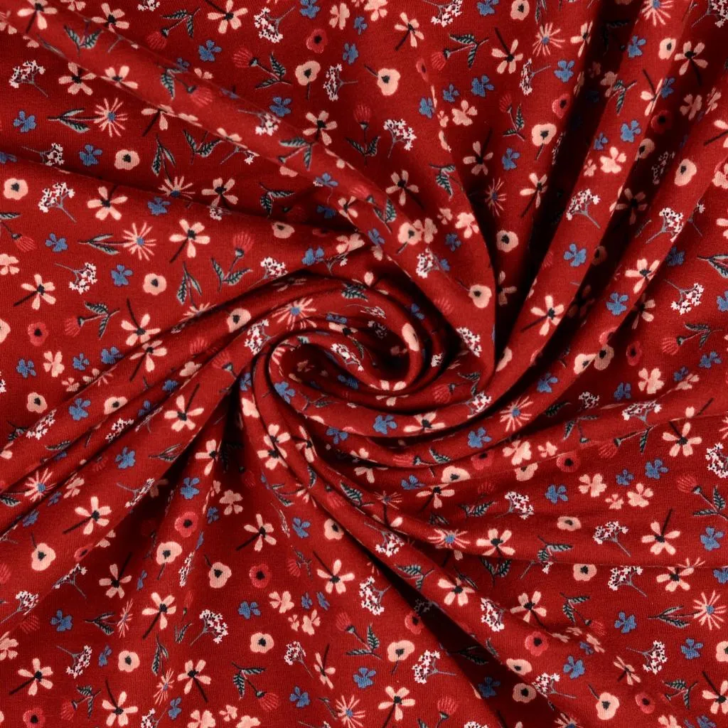 REMNANT 1.22 Metres with stitch then 50cm - Ditsy Peach Soft Cotton Sweat-shirting Fabric in Red