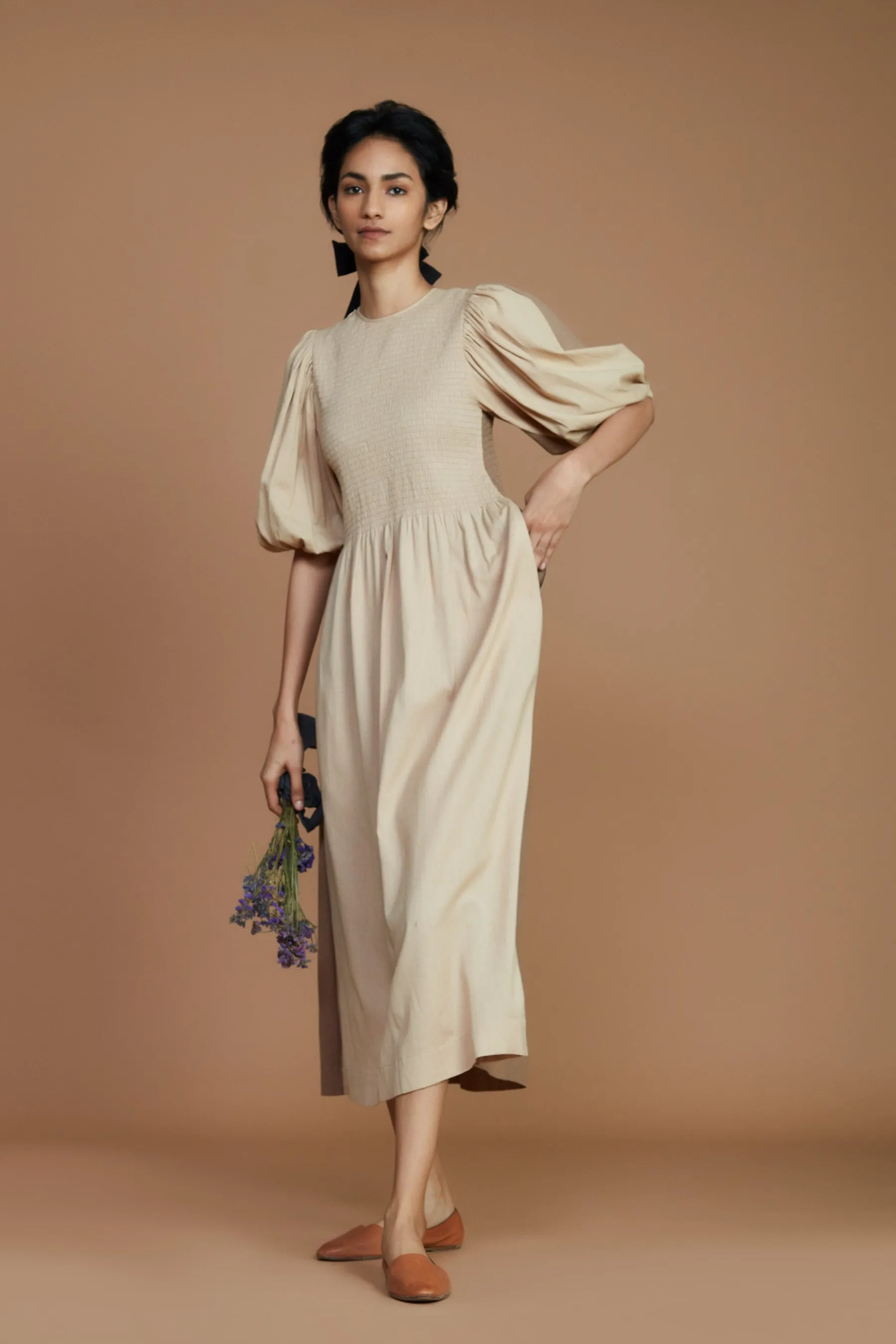 Reversible Smocked Balloon Sleeve Beige & Ivory Dress