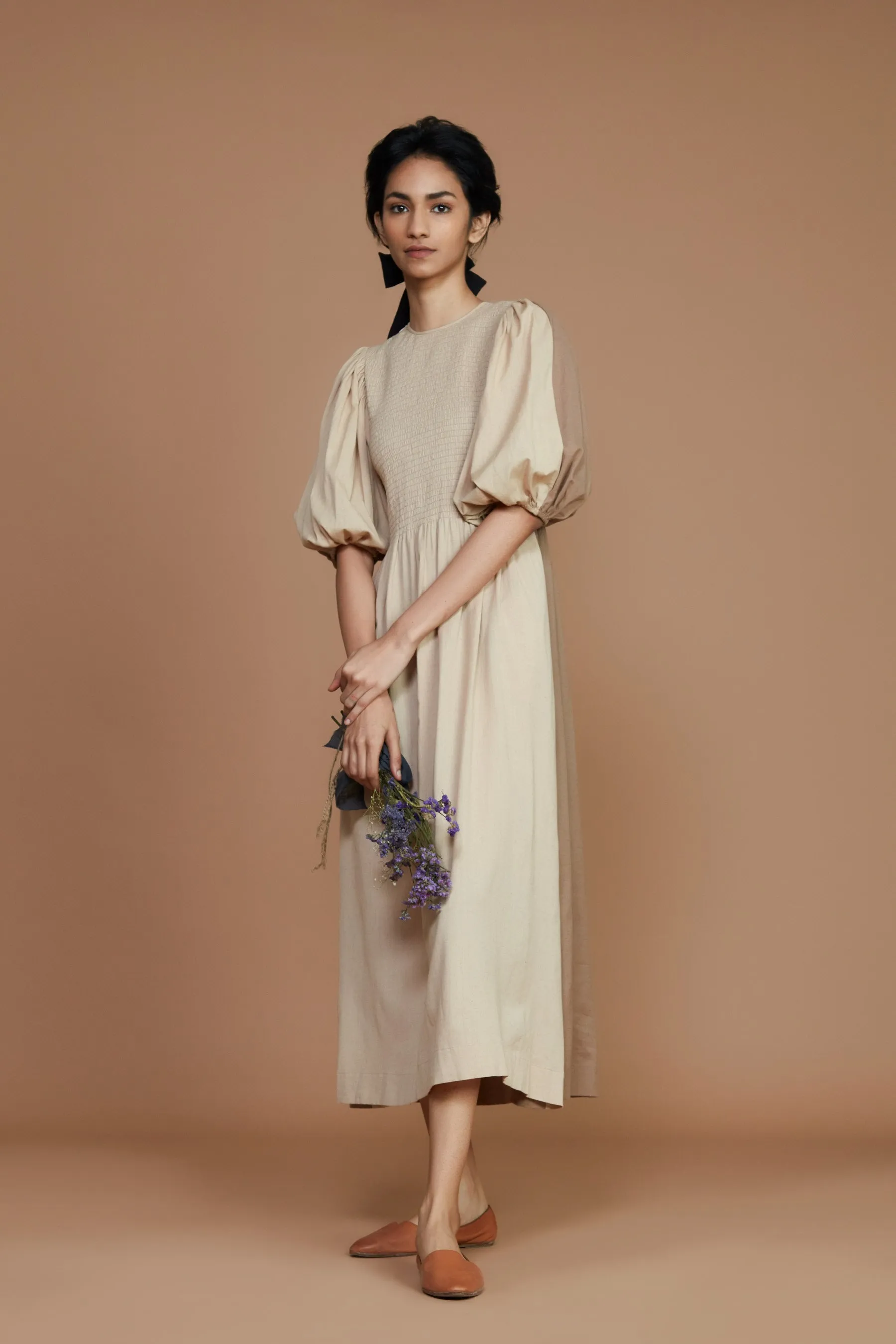 Reversible Smocked Balloon Sleeve Beige & Ivory Dress