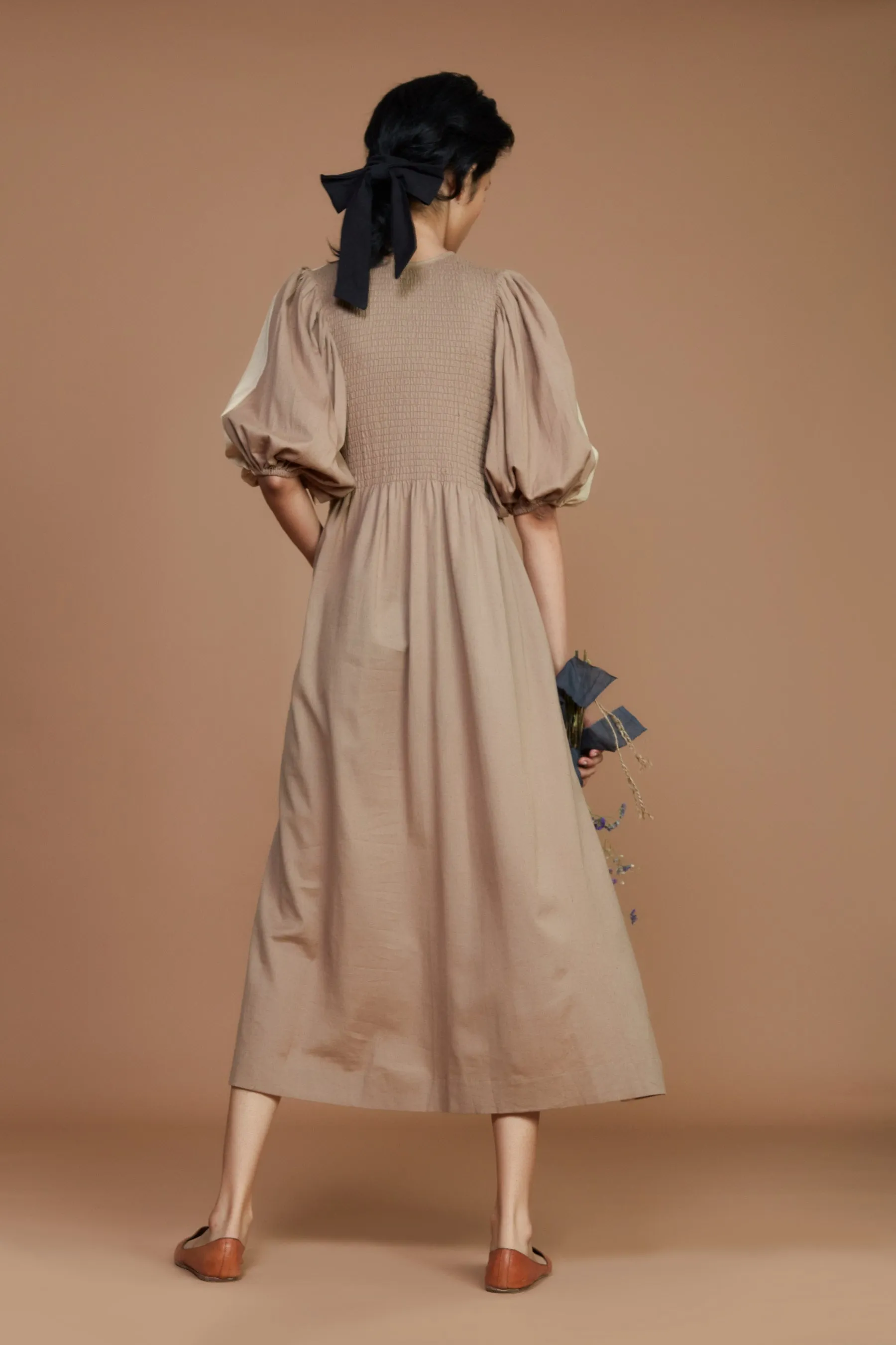 Reversible Smocked Balloon Sleeve Beige & Ivory Dress