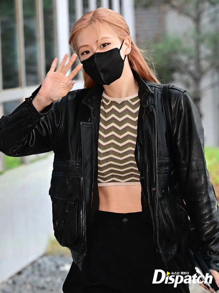 Rose Black Leather Jacket Blackpink Airport Fashion