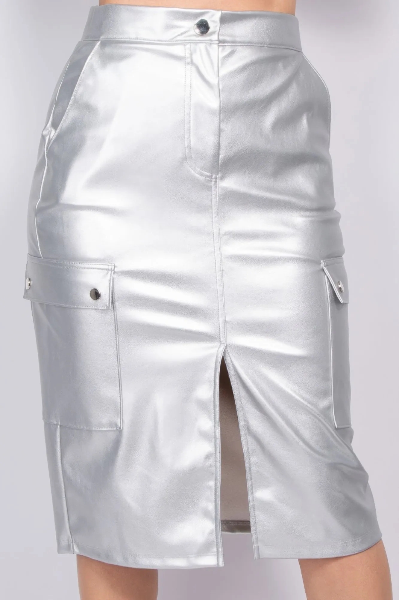 Silver Faux Leather High-Rise Cargo Skirt - Edgy & Elegant