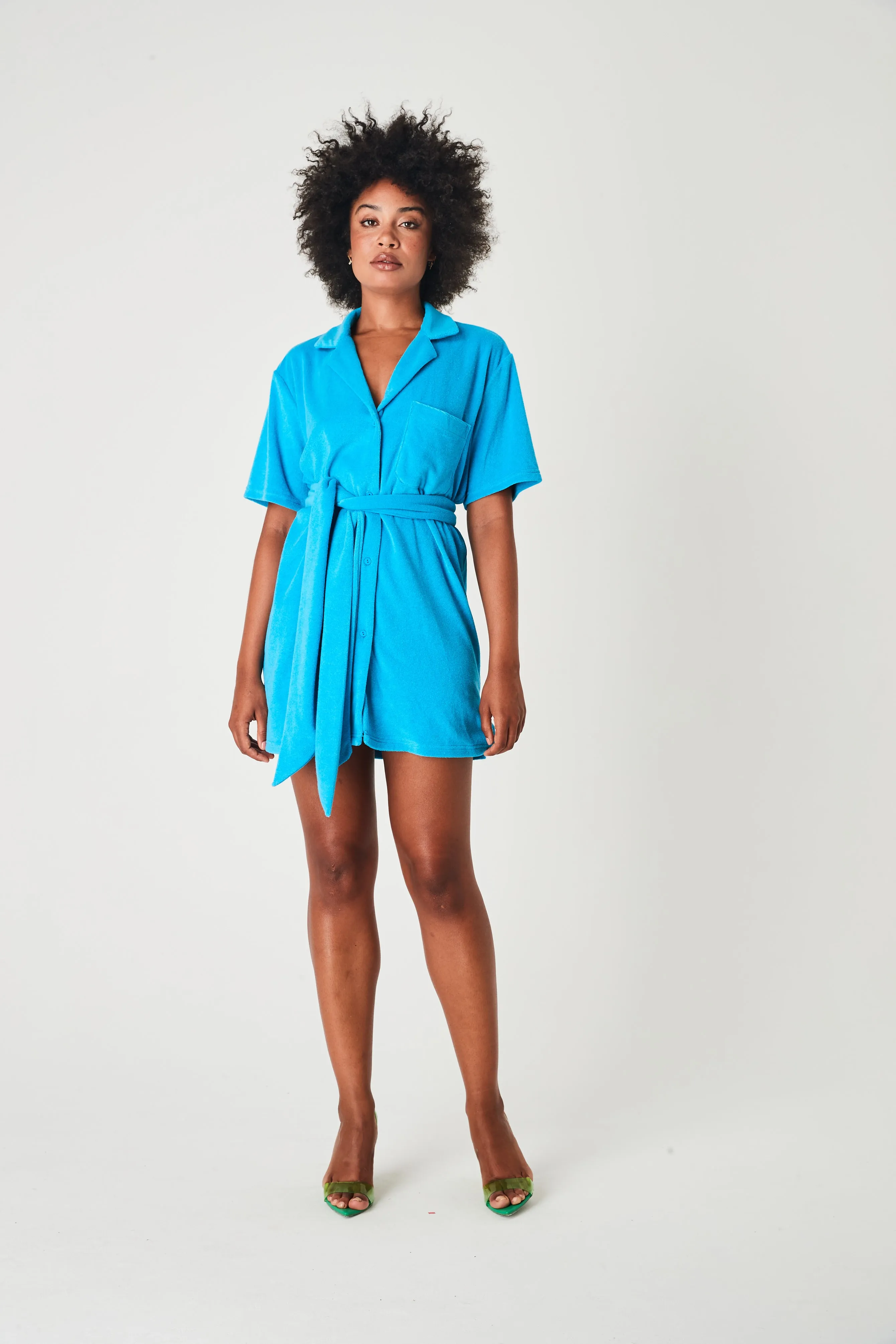 SUMMI SUMMI Womens Terry Shirt Dress with Tie Azure