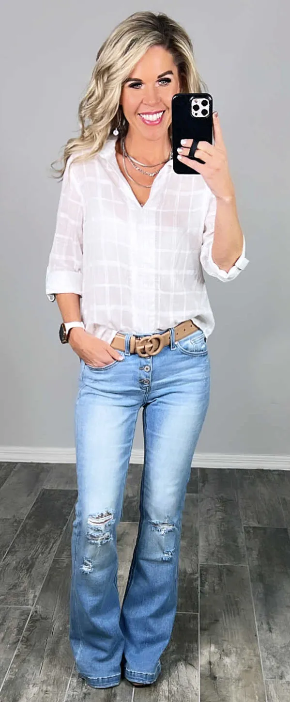 Talia Distressed Button Front Flare Jeans