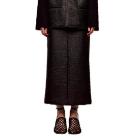 Textured Faux Leather Long Skirt in Brown