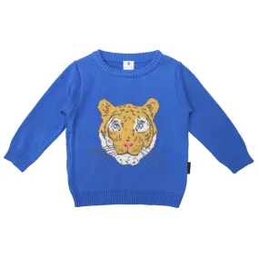 Tiger Design Knit Sweater Blue