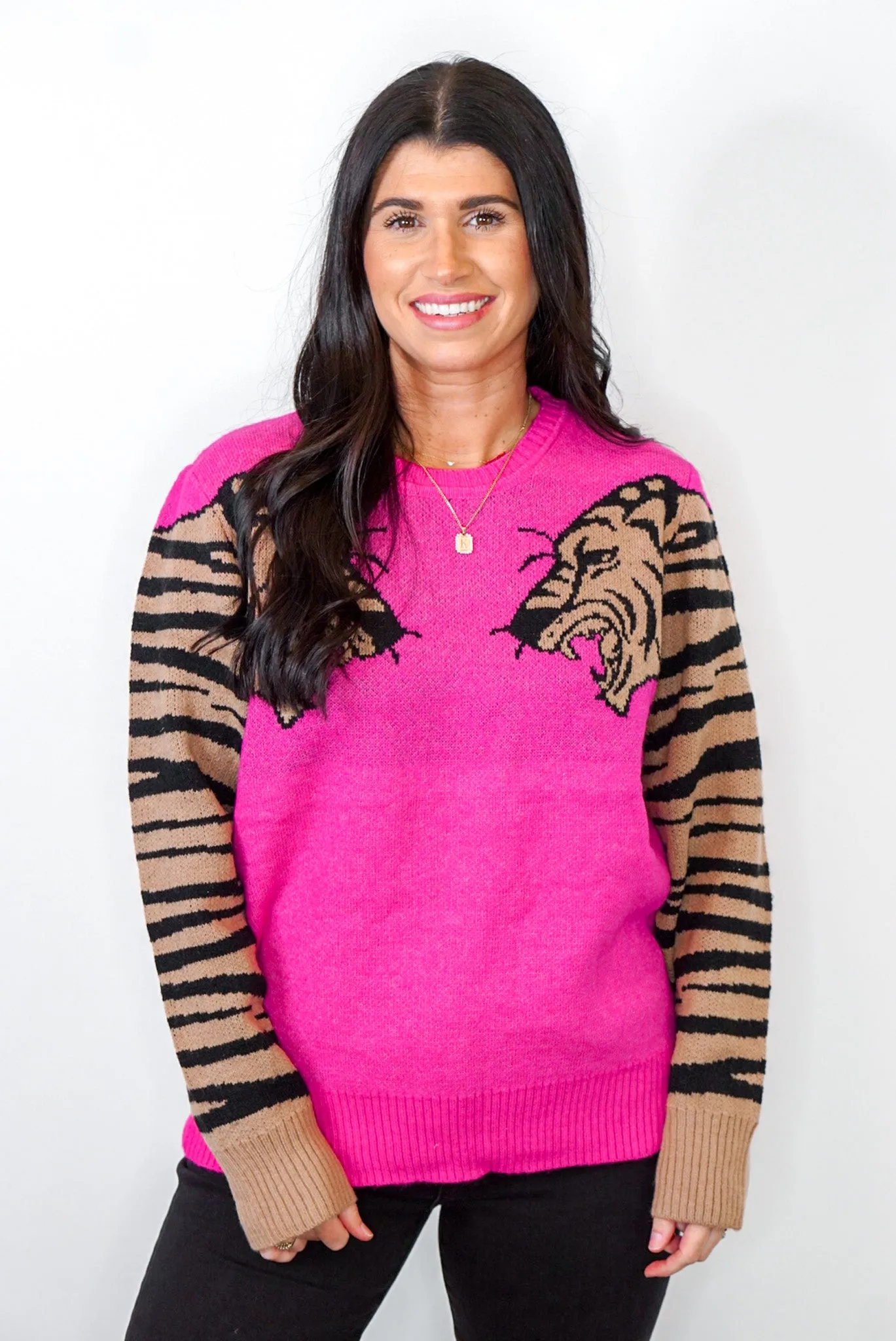 Tiger Print Sleeve Fuchsia Sweater